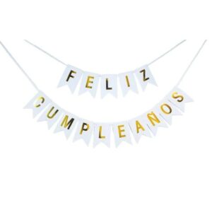 Banderín Feliz Cumpleaños Blanco y Dorado Decoración Premium Mayorista