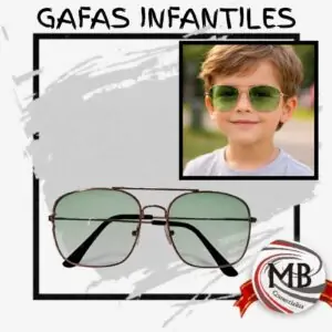 Gafas de sol infantiles estilo aviador cristales verdes y marco metálico MB comercializa. Venta mayorista de lentes de sol para niños en Argentina. Despacho nacional en 48hs con precios directos mayoristas para ópticas, regalerías y revendedores.