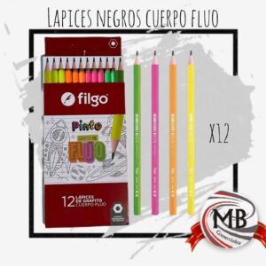​"Caja de 12 lápices de grafito negros con cuerpo en colores flúor vibrantes. Venta por mayor de artículos de librería en Argentina a través de MB Comercializa."