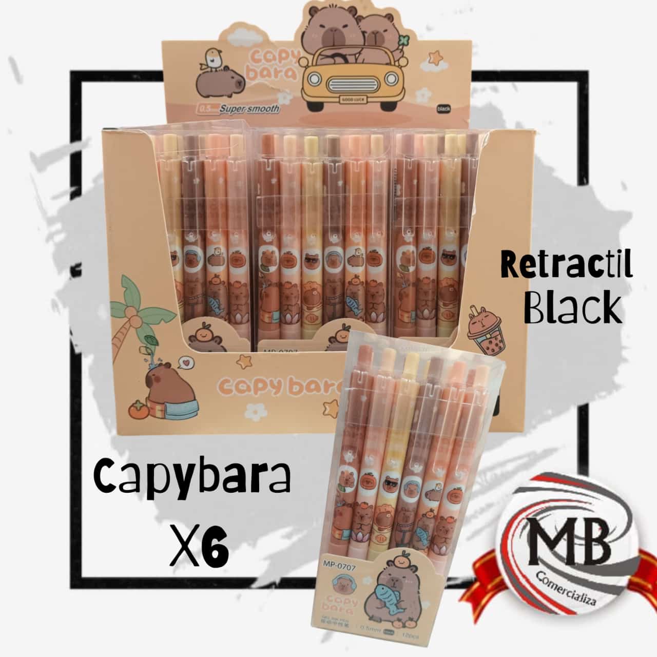 PACK X6 LAPICERAS-BOLIGRAFOS CAPYBARA RETRACTIL