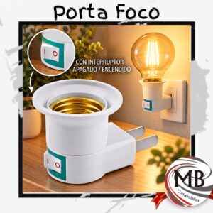 Porta foco portalampara con enchufe directo a pared e interruptor de encendido apagado rosca E27 adaptador de luz nocturna velador plastico blanco ferreteria bazar herramientas regalería venta mayorista MB Comercializa.