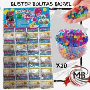 Pack mayorista de bolitas de hidrogel cristal multicolores para decoración y plantas. Blíster x20 paquetes de perlas de biogel expansibles en agua, ideal para centros de mesa y juegos sensoriales.