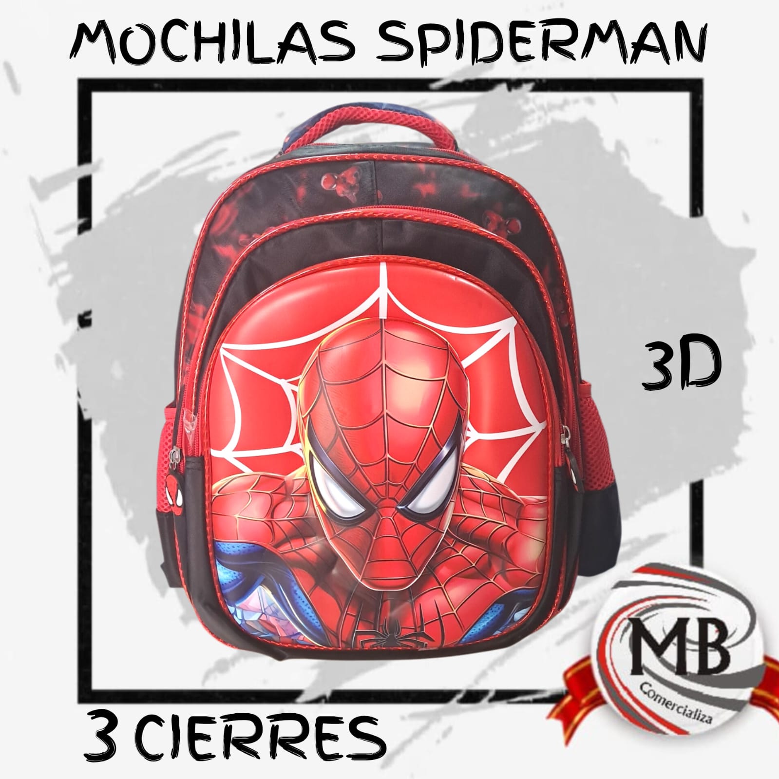 Mochila escolar de spiderman hombre arana con frente 3d y 3 cierres por mayor MB Comercializa.