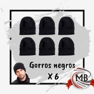 Pack de 6 gorros de lana negros lisos tipo Rocky por mayor - Distribuidora MB Comercializadora Balcarce.