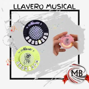 Llaveros musicales con diseño de disco y botones numerados. Producto de regalería mayorista de MB Comercializa con despacho en 48 horas a toda Argentina. Fotografía de catálogo con fondo blanco y logo oficial de la distribuidora.