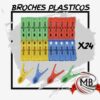 Pack de 24 broches plásticos para ropa en colores surtidos (verde, rojo, amarillo y azul) de alta resistencia. Venta por mayor de artículos de bazar y limpieza en toda Argentina a través de MB Comercializa.
