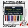 Exhibidor de llaveros silbato metálicos de varios colores. Insumo para venta mayorista de MB Comercializa con despacho en 48 horas a toda Argentina. Fotografía de producto con fondo blanco y logo oficial.