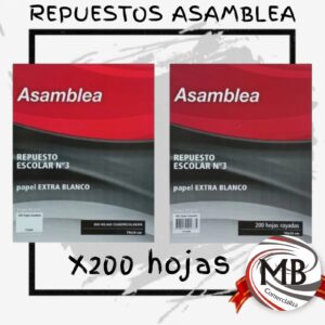Repuesto de hojas para carpeta escolar numero 3 marca asamblea x 200 hojas papel extra blanco rayado y cuadriculado venta mayorista MB Comercializa.