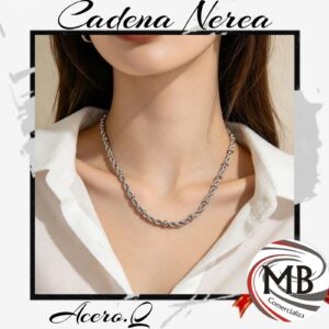 Cadena Nerea de acero quirurgico 316l eslabones retorcidos cordón salomónico estilo unisex collar acero plateado inalterable hipoalergenico bijouterie joyeria accesorios de moda regalería venta mayorista MB Comercializa.