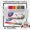 Marcadores doble punta x 36 colores en estuche rígido, venta por mayor en Argentina a través de MB Comercializa. Set de arte profesional para dibujo y lettering.