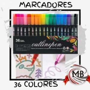 Marcadores Outline de gel x 36 colores con efecto de borde plateado, venta por mayor en Argentina a través de MB Comercializa. Set de arte creativo para lettering y tarjetas.