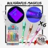 ​"Pack x6 bolígrafos mágicos de tinta invisible con luz UV integrada. Set de lapiceras infantiles con diseños coloridos, ideales para souvenirs y revendedores. Venta por mayor en Argentina a través de MB