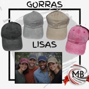 Gorra clásica de gabardina lisa con visera curva y ajuste regulable en colores negro y azul para venta por mayor. Distribución en toda la Argentina con despachos en 48 horas y precios directos mayoristas en MB Comercializa.
