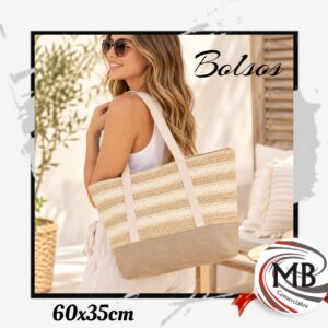 Bolso playero de arpillera y yute tejido a rayas beige y natural con manijas reforzadas de cinta dimensiones 60x35 cm accesorio de playa verano marroquineria bazar regalería venta mayorista MB Comercializa.