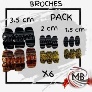 Pack x6 broches pinzas para cabello en tamaños 1.5cm, 2cm y 3.5cm. Accesorios de peluquería por mayor en Argentina, terminación carey y negro sólido. Venta mayorista directa con despacho en 48hs vía MB Comercializa para revendedores y salones de belleza.