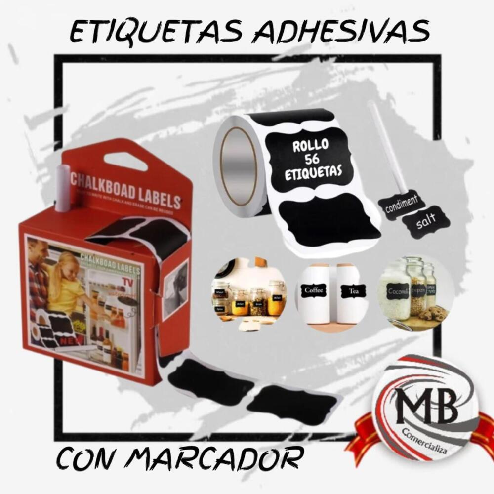 Rollo mayorista de 56 etiquetas adhesivas de pizarra (chalkboard labels) con marcador blanco incluido. Etiquetas resistentes para organización de frascos, cocina y comercio. Venta por mayor con envíos a toda Argentina a través de MB Comercializa.