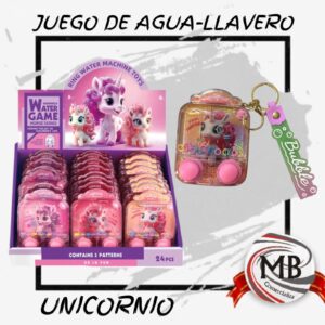 Llaveros con juego de agua interactivo temática de unicornios en tonos rosa. Distribución mayorista en toda Argentina con precios directos de fábrica y despacho en 48 horas mediante MB Comercializa.