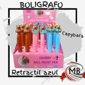 Bolígrafo retráctil con figura decorativa de carpincho (Capybara) y tinta azul. Modelo Chubby disponible para venta por mayor en Argentina a través de MB Comercializa.