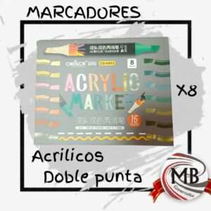 Pack de 8 marcadores acrílicos de doble punta con 16 colores vibrantes. Set de dibujo profesional ideal para múltiples superficies. Venta mayorista con envíos a toda Argentina a través de MB Comercializa."