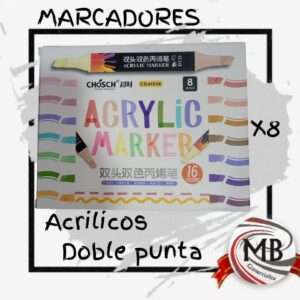 ​"Set mayorista de 8 marcadores acrílicos de doble punta que ofrecen 16 colores diferentes en total. Marcadores de pintura con tecnología dual para trazos variados y máxima versatilidad en proyectos de arte. Stock disponible con envíos a toda la Argentina por MB Comercializa."