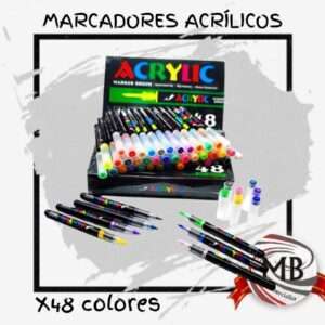 ​"Set completo de 48 marcadores acrílicos profesionales con punta pincel. Caja exhibidora de gran variedad cromática para dibujo y artes plásticas. Venta mayorista exclusiva para toda Argentina distribuido por MB Comercializa."