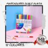 Set de 12 marcadores doble punta para dibujo artístico y lettering; incluye punta pincel y punta fina. Pack de fibras escolares y profesionales en gama multicolor. Distribución mayorista líder en toda Argentina a través de MB Comercializa.