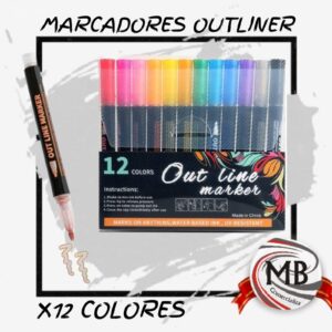 Set de 12 marcadores de doble línea (outline markers) con efecto metalizado y borde de color. Pack x12 unidades para dibujo artístico y lettering. Distribución mayorista líder en toda la Argentina a través de MB Comercializa.