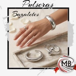 Pulseras brazaletes rigidos plateados de acero quirurgico disenos lisos acanalados y con esfera joyeria bijouterie femenina venta mayorista MB Comercializa.