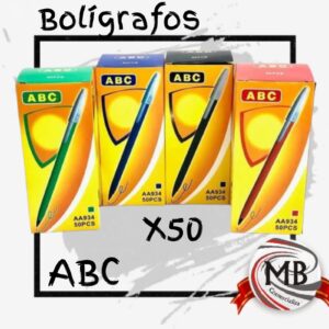​"Pack de 50 lapiceras marca ABC disponibles en colores azul, negro, rojo y verde. Distribución mayorista de artículos de librería en Argentina por MB Comercializa."