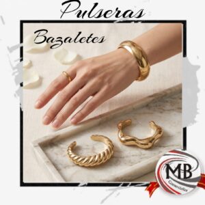Pulseras brazaletes rigidos dorados banados en oro disenos lisos acanalados trenzados y ondulados joyeria bijouterie femenina venta mayorista MB Comercializa.