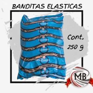 "Bolsa de banditas elásticas de caucho natural por 250 gramos. Bandas de goma resistentes para oficina, embalaje y uso comercial. Distribución mayorista en Argentina por MB Comercializa."