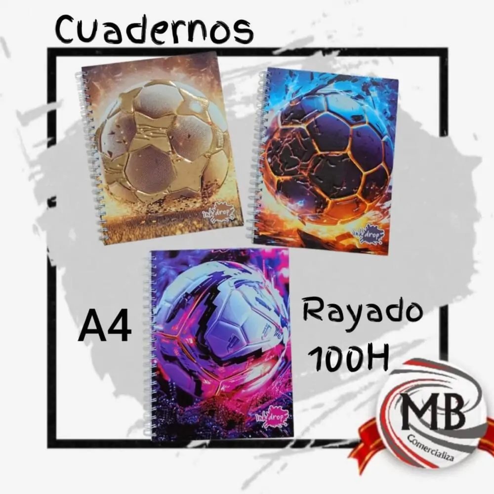 "Cuadernos universitarios tamaño A4 con 100 hojas rayadas y espiral reforzado. Tapas con diseños de pelotas de fútbol en colores vibrantes. Distribución mayorista a toda la Argentina por MB Comercializa."