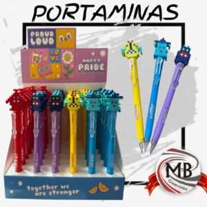 Portaminas con diseño de figuras pixeladas tipo bloque en la parte superior, disponibles en colores rojo, azul, violeta y amarillo venta por mayor en argentina - MB comercializa.