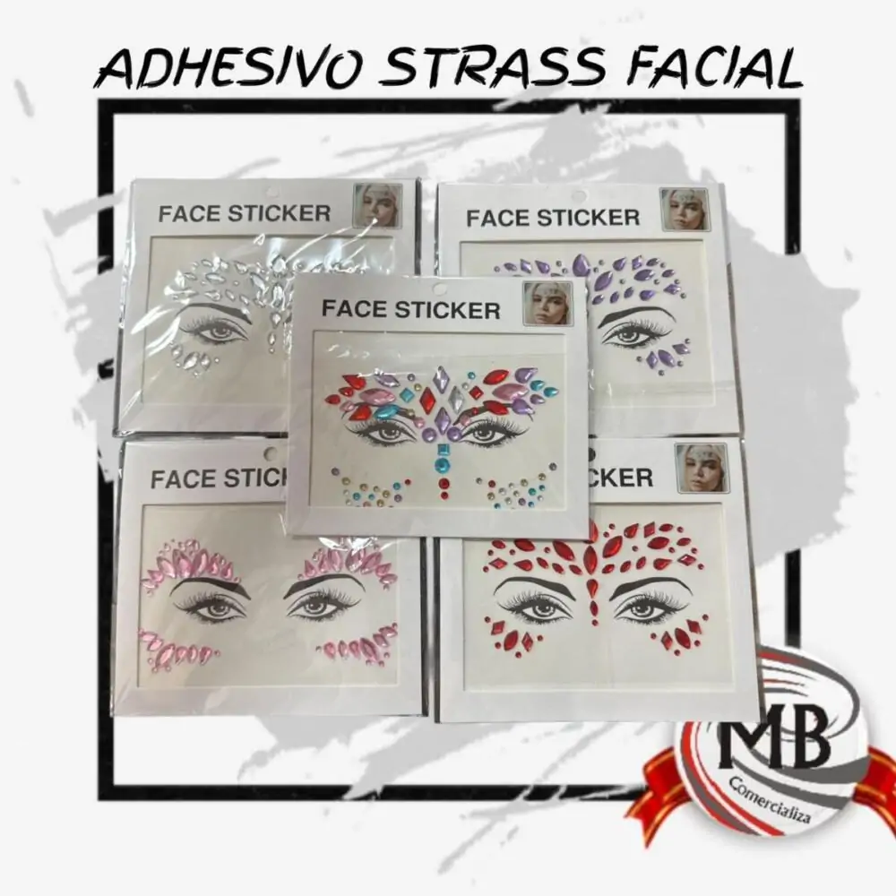 Adhesivos de strass facial para maquillaje artístico y festivales. Pack de gemas autoadhesivas para cara por mayor en Argentina, distribución de MB Comercializa.