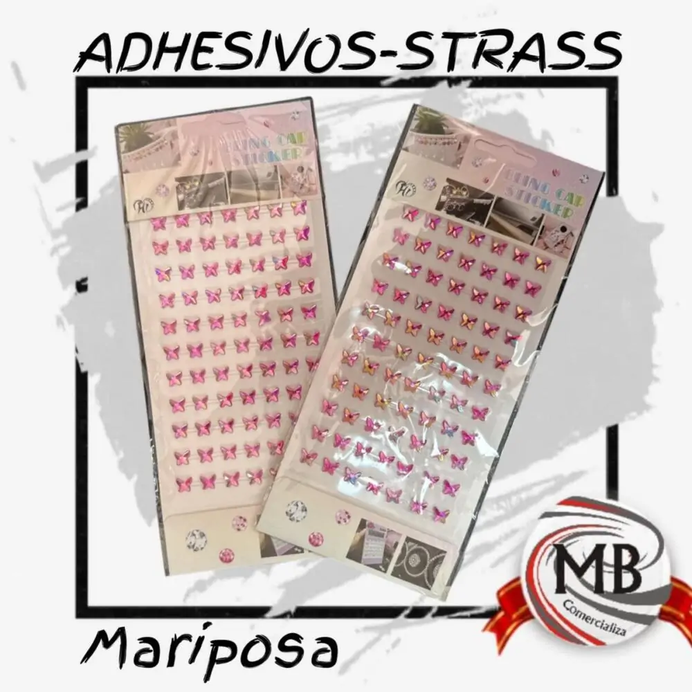 "Planchas de adhesivos strass mariposa con relieve y brillo para decoración. Venta por mayor de insumos de regalería y artística en toda Argentina a través de MB Comercializa. Stickers decorativos premium."