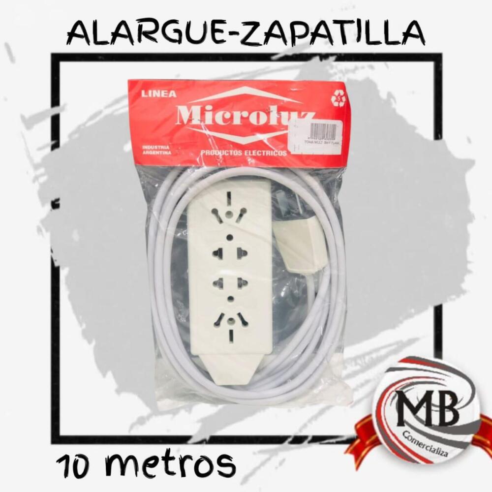 Alargue zapatilla de 10 metros con toma múltiple por mayor. Prolongador eléctrico reforzado para ferreterías y comercios en Argentina, distribuido por MB Comercializa.