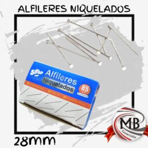 Alfileres niquelados de 28 mm para costura y manualidades, presentación en caja por 85 gramos. Distribuidora mayorista de artículos de mercería y oficina en Argentina - MB Comercializa. Stock disponible para revendedores con envíos a todo el país.