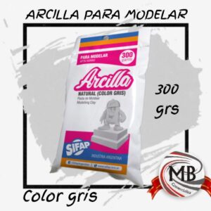 Arcilla natural de color gris para modelar y manualidades en presentación de 300 gramos. Distribución mayorista de artículos de librería artística y escolar en toda Argentina a través de MB Comercializa. Stock disponible para revendedores y talleres con envíos a todo el país.
