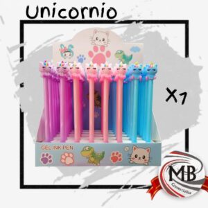 ​"Bolígrafos de tinta gel con diseño de unicornio en colores rosa y celeste. Venta por mayor de artículos de librería y regalería en MB Comercializa."