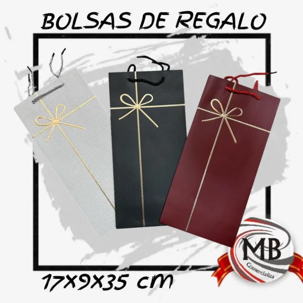 Bolsas de regalo de cartulina 17x9x35 cm con diseño elegante y manija de cordón. Venta por mayor en Argentina a través de MB Comercializa.