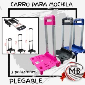 ​"Carros para mochila plegables de 3 posiciones en colores rosa, negro y azul. Venta por mayor de carritos reforzados para mochilas escolares en toda Argentina a través de MB Comercializa."