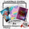 ​"Cuadernos universitarios tamaño A4 con 80 hojas rayadas y encuadernación en espiral. Tapas con diseños modernos y coloridos de alta calidad. Venta por mayor con distribución en toda la Argentina a través de MB Comercializa."