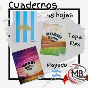 ​"Cuadernos de 48 hojas con tapa flexible y hojas rayadas. Diseños coloridos inspirados en el fútbol y la selección nacional. Venta por mayor en Argentina a través de MB Comercializadora. Ideal para librerías y revendedores."