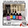 ​"Difusores de varillas Aromanza 60ml en fragancias surtidas para aromatización de ambientes. Venta por mayor de fragancias y artículos de bazar en toda Argentina a través de MB Comercializa."