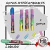 ​"Set de gomas de borrar intercambiables tipo lápiz con 5 repuestos de colores y diseños animados. Útiles escolares novedosos para distribución mayorista en toda Argentina por MB Comercializa."