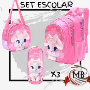 Set escolar de 3 piezas rosa con diseño de conejo incluye mochila lonchera térmica y cartuchera.