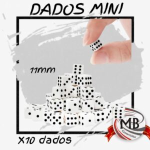 Pack por 10 dados mini de 11mm color blanco. Venta por mayor de insumos para juegos y librería en toda Argentina a través de MB Comercializa.