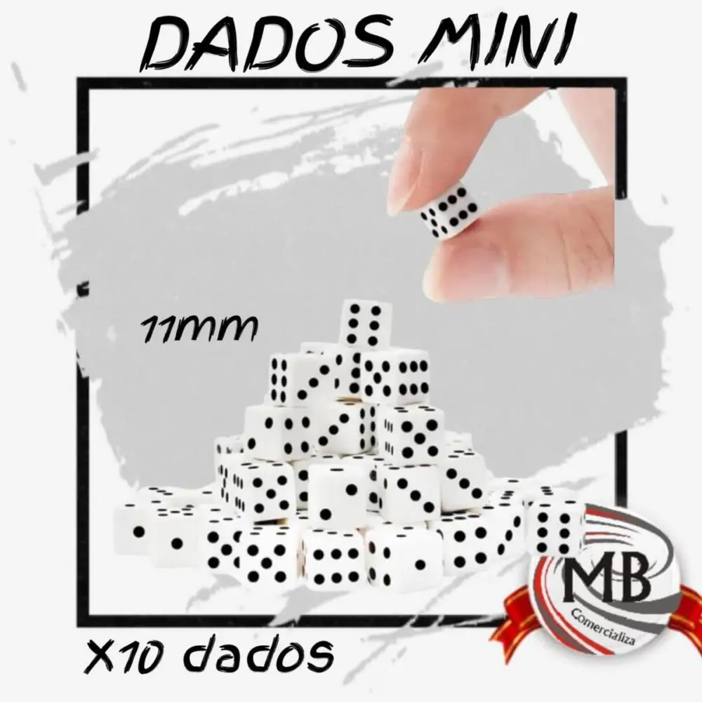Pack por 10 dados mini de 11mm color blanco. Venta por mayor de insumos para juegos y librería en toda Argentina a través de MB Comercializa.