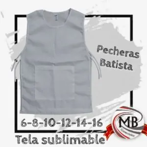 ​"Pechera de trabajo y escolar fabricada en tela batista de alta resistencia, color gris con bolsillo central y tiras de ajuste lateral. Indumentaria textil para sublimar disponible para venta por mayor con logística nacional en toda Argentina a través de MB Comercializa."