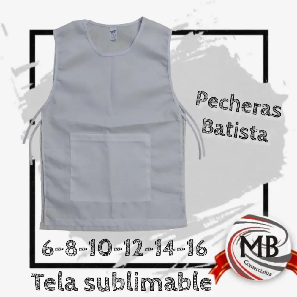 ​"Pechera de trabajo y escolar fabricada en tela batista de alta resistencia, color gris con bolsillo central y tiras de ajuste lateral. Indumentaria textil para sublimar disponible para venta por mayor con logística nacional en toda Argentina a través de MB Comercializa."